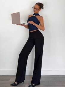 Siren Gaze 夏季女式金属装饰立领无袖衬衫，通勤休闲上衣 - 藏蓝色 - 查看 3