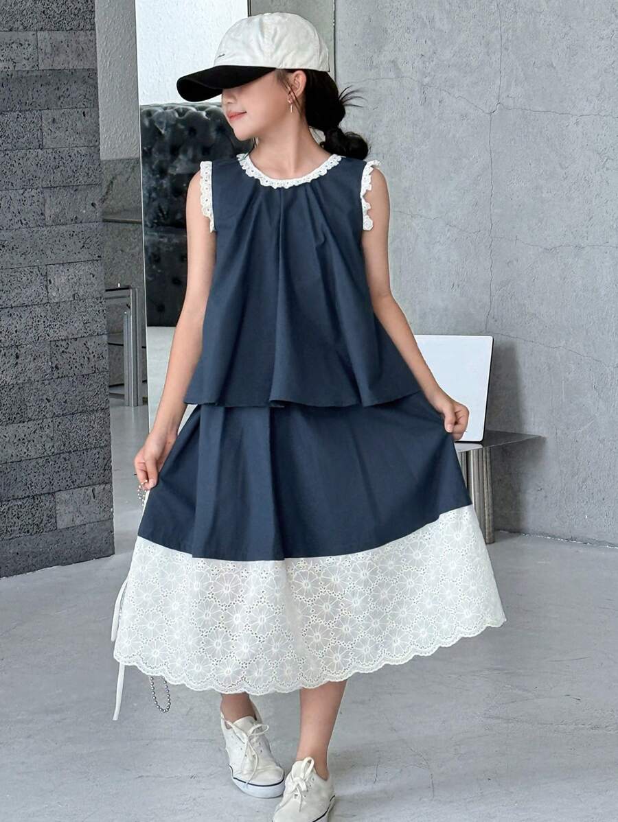 DAZY 2件套女童圆领背心和裙子套装，夏季 - 藏蓝色 - 查看 1