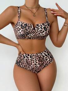 SHEIN 2pcs/Set Summer New Fashion Leopard Print Backless Crop Top And Bikini Bottom Beach Swimwear Set - Multicolor - View 1