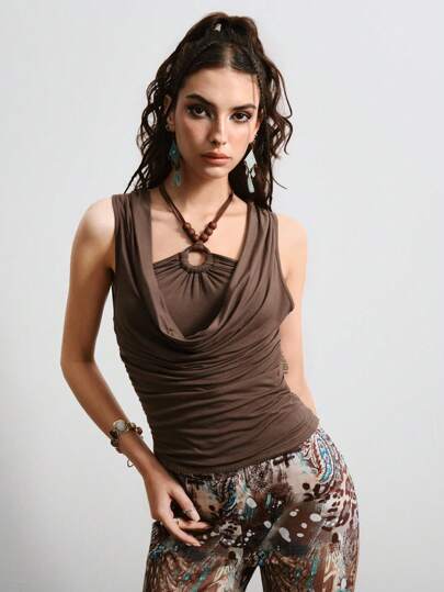 Kawaii ملابس علوية خزان ضيقة بطي مزينة بخاتم للنساء، موحد اللون