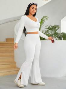 SHEIN PETITE CURVE 大码娇小女式开衩喇叭裤，商务休闲女装情人节款 - 白色 - 查看 3