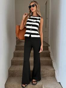 Easowa Black & White Striped Knit Vest Top And Black Skinny Flare Pants Women 2 Pieces Casual Suit Back To School Clothes Teacher Outfits Business Professional Women Leggings Set Flare Leggings Button Up Shirt Set Work Clothes Women Summer 2 Pieces Sets 2 Pieces Casual Sets Woman Striped Two Pieces Set Black And White Striped Top Black Flare Pants - Black and White - View 5