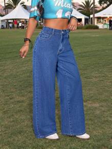 SHEIN PETITE Women's Slim Fit Slant Pocket Casual Straight Leg Jeans, For Concert,Summer