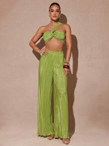 Silquee Áo crop top vải họa tiết màu xanh lá cây chanh với thiết kế xoắn và chân váy xẻ, thích hợp cho kỳ nghỉ hè ở bãi biển - Màu xanh chanh - Xem 3