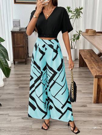 Rafferiza Set de 2 piezas: Cárdigan corto de unicolor con pantalones rectos plisados de estampado a cuadros, estilo de commuter