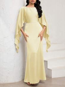 Veilorie فستان طويل ساتان بأكمام كيب أنيقة بياقة مستديرة للنساء، بذيل سمكة لون بني موكا