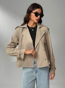 SHEIN Tall 女式短款纽扣翻领雨衣英伦风时尚卡其色常规下摆长袖风衣，适合秋冬季日常舒适穿着 - 卡其色 - 查看 6