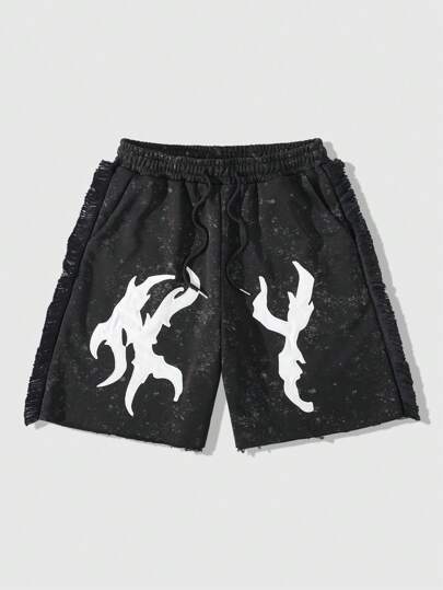 Men's Street Life Loose Fit Fringe Hem Embroidered Graphic Shorts