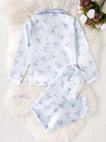 女孩加大蝴蝶结印花领开衫搭配休闲裤套装，舒适家居服 - 紫色 - 查看 2