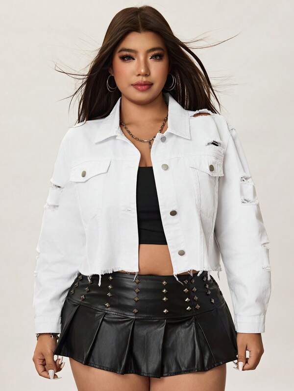 SHEIN ICON Plus Size Women's Distressed Denim Jacket With Button Closure And Frayed Edges
