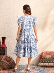 SHEIN 青少女編織迎景圖案泡袖寬鬆休閒裙,圓領款式 - 淺藍色 - 查看 4