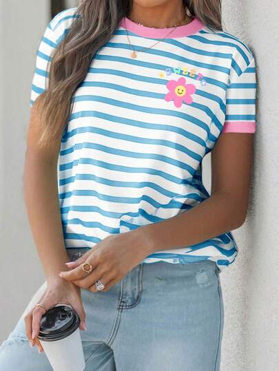 SHEIN EZwear Casual Floral Pattern Round Neck Short Sleeve Loose Women T-Shirt, Suitable For Summer Suitable For Going Out