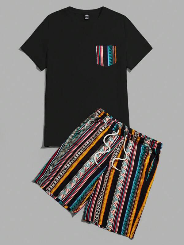 HIMLAND Men Striped & Geo Print Tee & Drawstring Waist Shorts