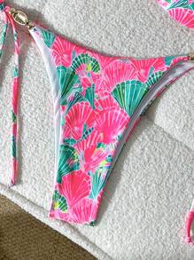 SHEIN Random Print Wireless Shell Decor Cami Top And Drawstring Side Swim Bottoms Women Summer Beach Holiday Tankini Bikini Set - Multicolor - View 5