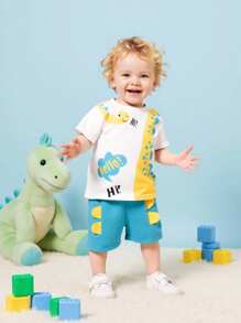 SHEIN Baby Boys' Cute Dinosaur Printed Shorts Set - Baby Blue - View 4