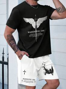 Manfinity LEGND Plus Size Classic Black & White, A Must-Have Outfit! This Sportswear Set Features A Black T-Shirt Paired With White Shorts, With An Angel And Bird Pattern Symbolizing Hope And Freedom. Comfortable Fabric Suitable For Daily Wear And Workouts. The "WASHINGTON 1990" Text Adds A Vintage Touch. Wear It To Showcase Your Unique Style And Bring Vitality To Every Day! - Multicolor - View 3
