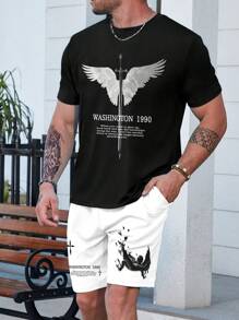 Manfinity LEGND Plus Size Classic Black & White, A Must-Have Outfit! This Sportswear Set Features A Black T-Shirt Paired With White Shorts, With An Angel And Bird Pattern Symbolizing Hope And Freedom. Comfortable Fabric Suitable For Daily Wear And Workouts. The "WASHINGTON 1990" Text Adds A Vintage Touch. Wear It To Showcase Your Unique Style And Bring Vitality To Every Day! - Multicolor - View 5
