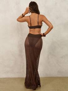 Swim Chiccia Women Summer Beach Solid Color O-Ring Connecting Sexy Bikini Set With Coverup And Mini Skirt - Brown - View 2