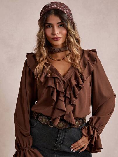 Freevana Plus Size Casual Ruffled Trim Blouse, Simple Fashion Everyday Wear