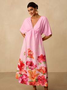 Travachic Große Größen Damen sexy V-Ausschnitt taillierte tropische Blumen Muster Maxikleid, lässiges Urlaubsparty Maxikleid