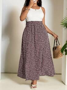 SHEIN PETITE CURVE 大码女式碎花松紧腰侧开衩休闲 A 字裙 - 酒紅色 - 查看 3