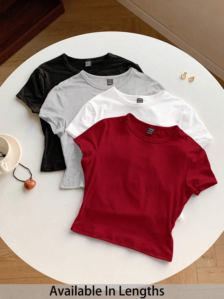 SHEIN Tall CURVE Plus Size 4pcs Solid Color Short Sleeve Slim Fit Round Neck T-Shirt Set, Suitable For Summer - Multicolor - View 1