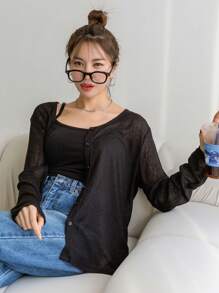 DAZY Camisa de mujer de manga larga con botones delanteros de unicolor, estilo casual y de negocios, ropa de mujer para otoño - Negro - Ver 8