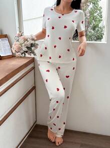 SHEIN Ensemble pyjama femme t-shirt à manches courtes imprimé cœur et short