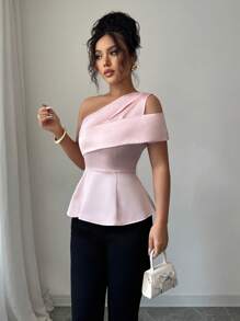 Rafferiza 女士优雅宴会露肩拼接腰衬衫，春夏 - 粉色 - 查看 6