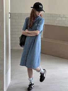 Dazy Kids 女童青少年牛仔连衣裙，少女秋装 - 中等水洗藍 - 查看 3