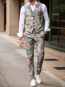 Manfinity Homme Conjunto de chaleco y pantalones de talla grande para hombre, de una hilera y estampado floral, informal - Albaricoque - Ver 3