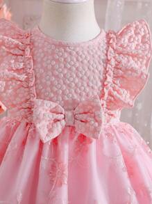 SHEIN Glamorique Kids 女婴优雅蝴蝶结装饰网眼荷叶边提花连衣裙 - 粉色 - 查看 3