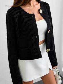 EURMUSE E Crew Neck Front Button Up Casual Long Sleeve Cardigan,Tall In Women,Cardigans,Petite,Tall - Black - View 1