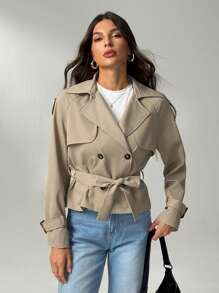 SHEIN Tall Beige Button-Down Drawstring Trench Coat Women's In Fall/Winter