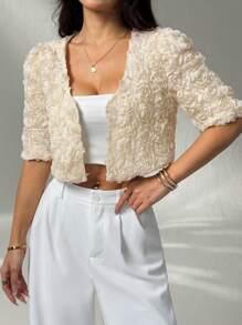 SHEIN PETITE Women's 3D Floral Decor Short Sleeve Fashionable Elegant Jacket ,Petite Women - Apricot - View 8