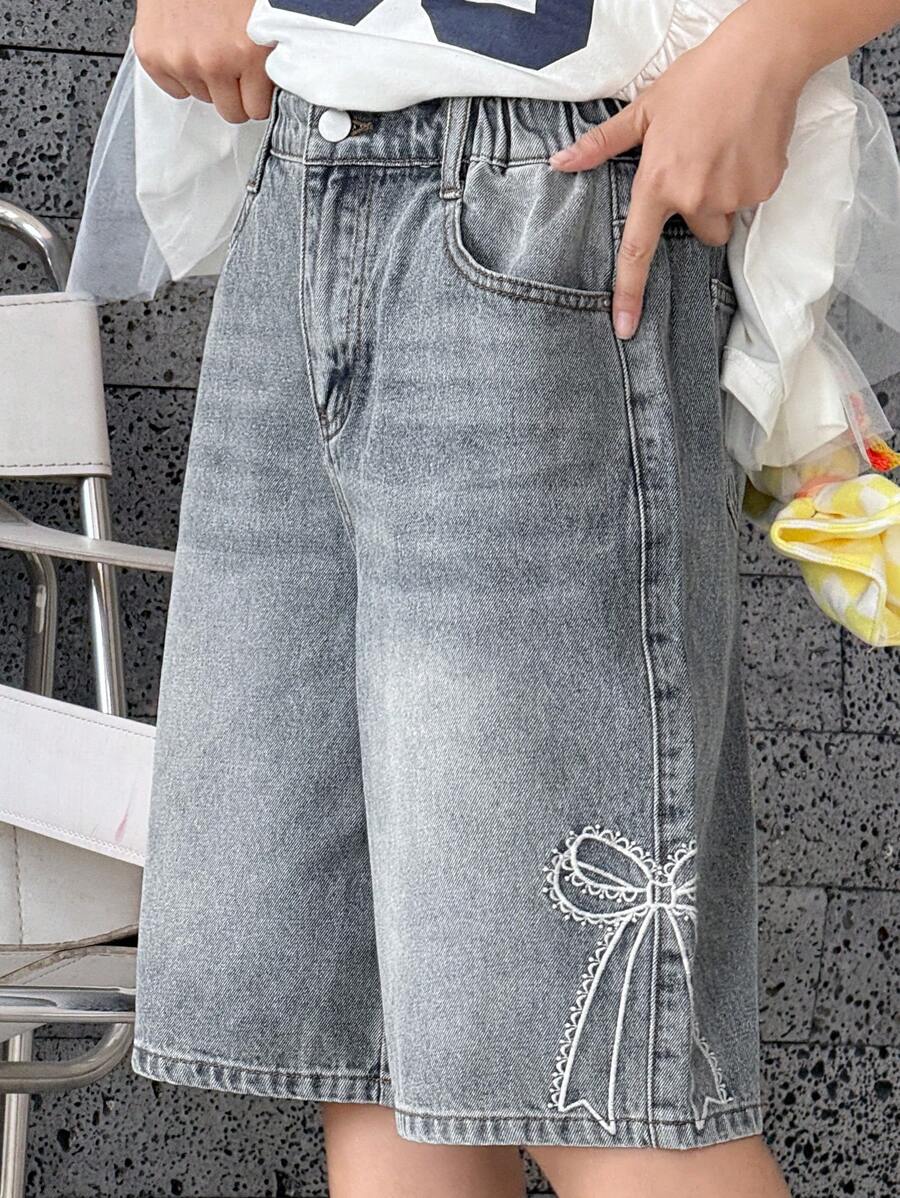 DAZY 夏季女童休闲水洗牛仔短裤，蝴蝶刺绣装饰 - 藍色 - 查看 1