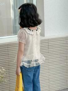 DAZY 少女网眼波尔卡圆点蝴蝶结短袖衬衫 - 杏色 - 查看 2