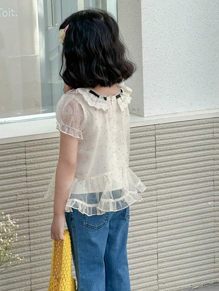 Young Girls Mesh Polka Dot Bowknot Short Sleeve Blouse