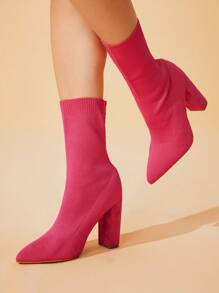 CUCCOO BASICS Botas de tobillo de punto de ajuste ceñido con tacón grueso y elástico de punta afilada para mujer, para el ambiente y los zapatos de primavera, Semana Santa - Rosa Fucsia - Ver 4