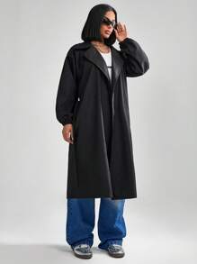 RueChic 女士纯色灯笼袖长袖系带秋季休闲街头风黑色中长款宽松外套 - 黑色 - 查看 6