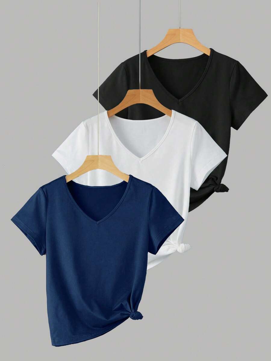 INAWLY Set de 3 camisetas de verano de mujer con cuello en V de moda versátil - Multicolor - Ver 1