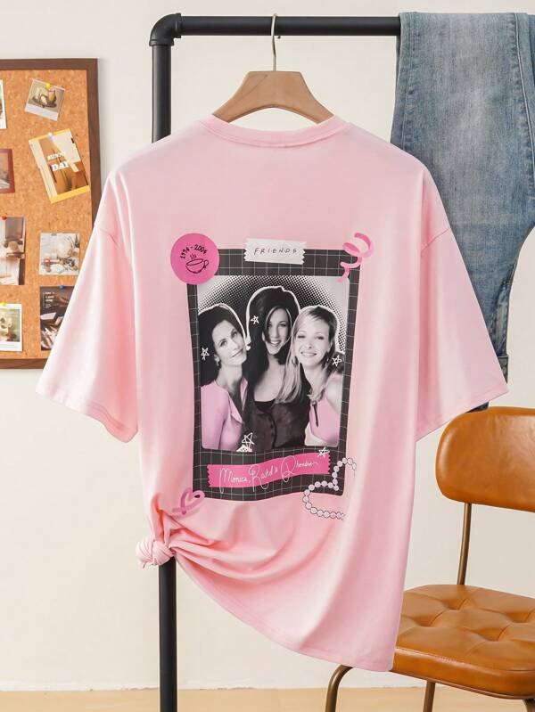 FRIENDS X SHEIN Elena Ilustra Camiseta casual de mujer de verano con estampado de letra y figura, de hombro caído
