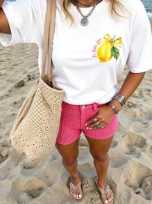 EMERY ROSE 加大码女式柠檬“Limon Cello”字母图案T恤，可爱水果柠檬T恤夏季 - 白色 - 查看 2