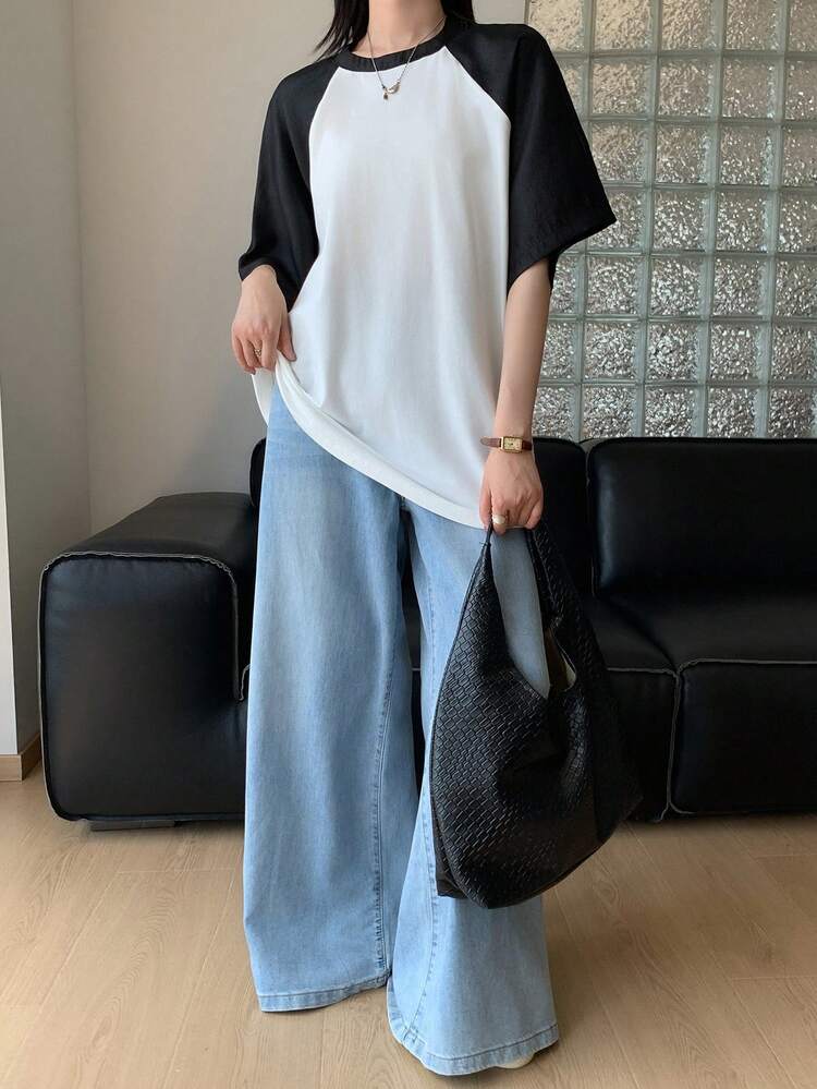 Women Summer Casual Color Block Raglan Sleeve Loose Streetwear Short Sleeve T-Shirt