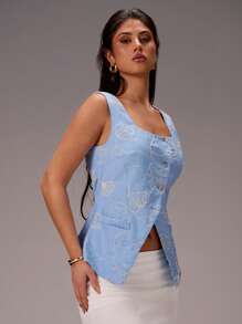 SHEIN Forever 21 Women Linen Striped Print Sleeveless Top, Simple Design For Vacation, Spring - Blue - View 5
