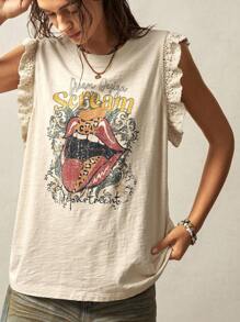 Bohemela Parte superior tipo tank con cuello redondo, volantes y estampado gráfico para mujer de talla grande