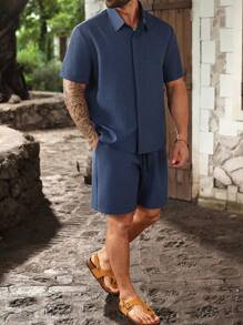 ResortEase Plus-size heren set met overhemd, korte mouwen, kraag en korte broek