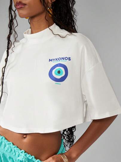 MISSGUIDED Mykonos Paradise Beach Greek Evil Eye Crop T-Shirt Island Vacation Resort Wear Beach Cover Up Summer Holiday Top