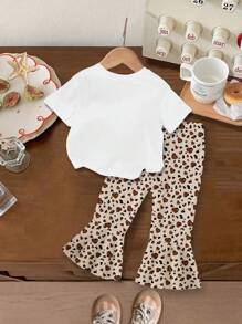 Baby Girl Leopard Bow Cherry Printed Round Neck Short Sleeve White T-Shirt And Leopard Knitted Flared Pants Set Leopard Print Baby Clothes - Multicolor - View 2