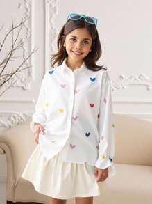 SHEIN Blusa blanca de manga larga con botones, estampado de corazones coloridos y cuello camisero, informal y holgada para niña preadolescente - Blanco - Ver 1